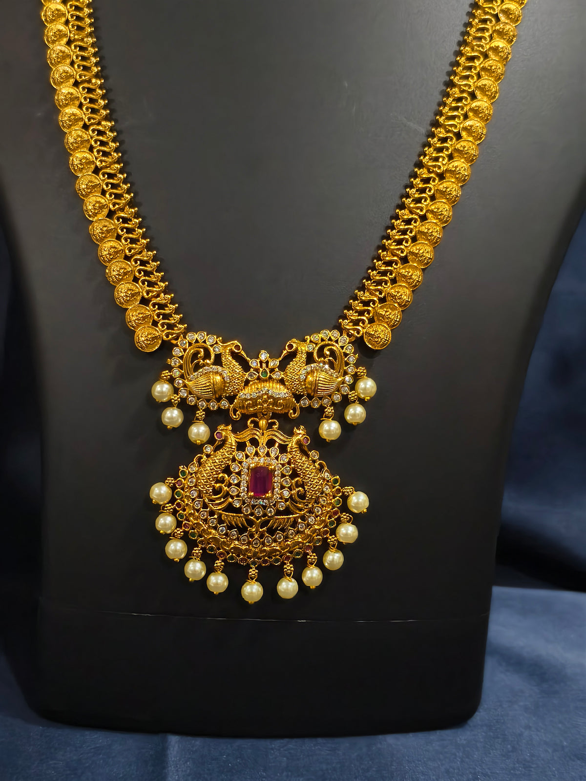 Double Peacock Haram Necklace Set with Pearl Drops