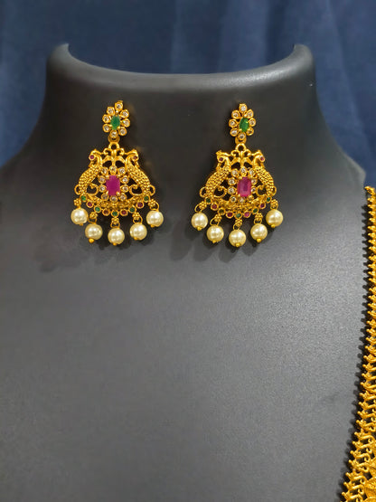 Double Peacock Haram Necklace Set with Pearl Drops