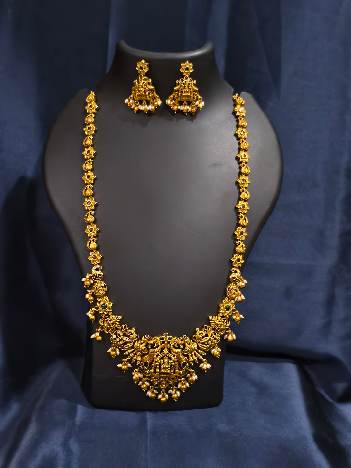 Peacock and Lakshmi Motif Floral Haram Necklace Set