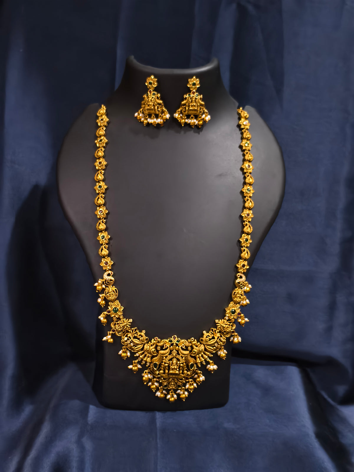 Peacock and Lakshmi Motif Floral Haram Necklace Set