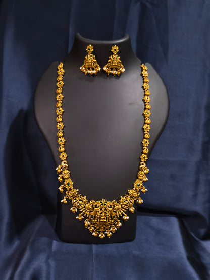 Peacock and Lakshmi Motif Floral Haram Necklace Set