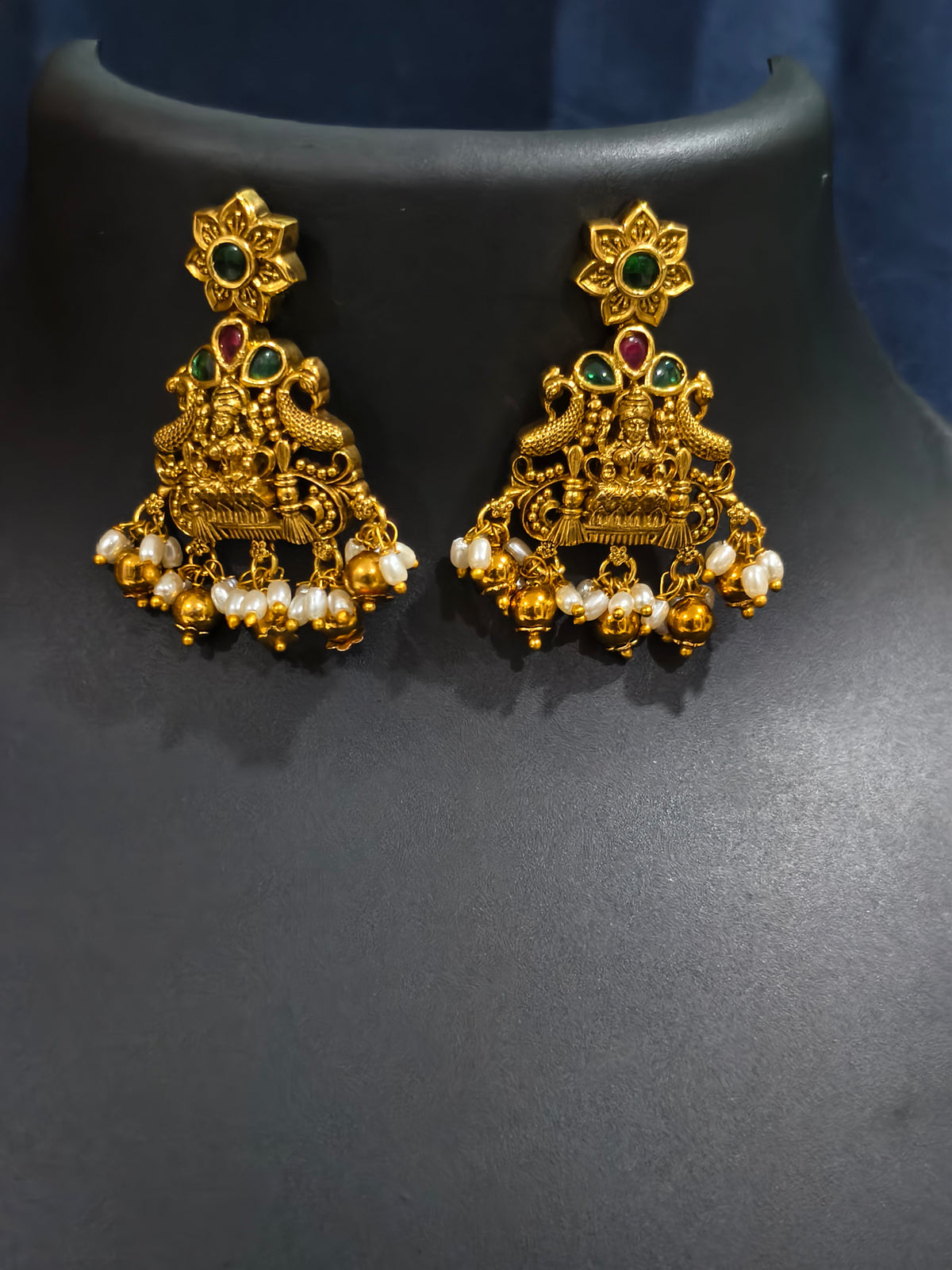Peacock and Lakshmi Motif Floral Haram Necklace Set