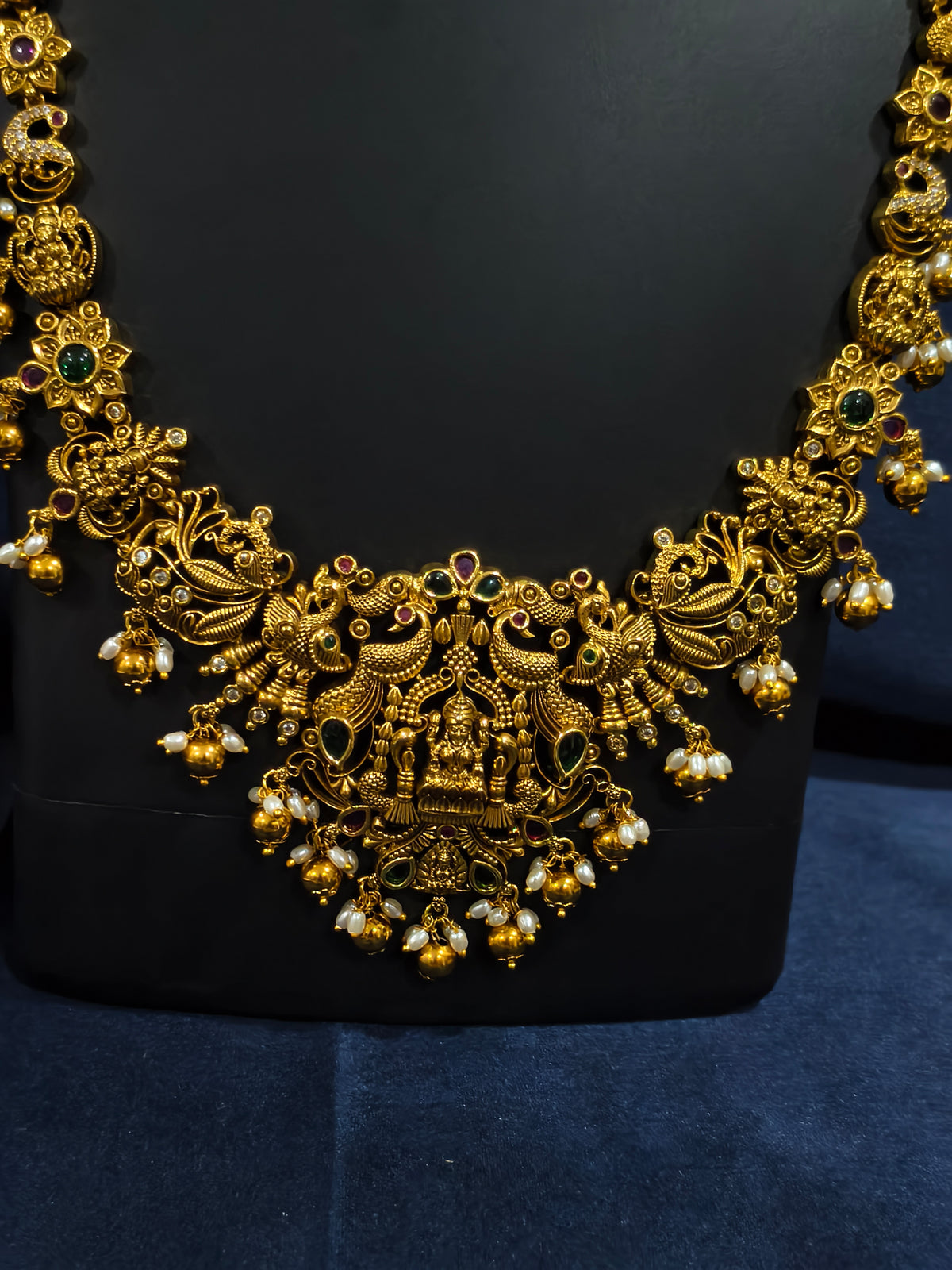 Peacock and Lakshmi Motif Floral Haram Necklace Set