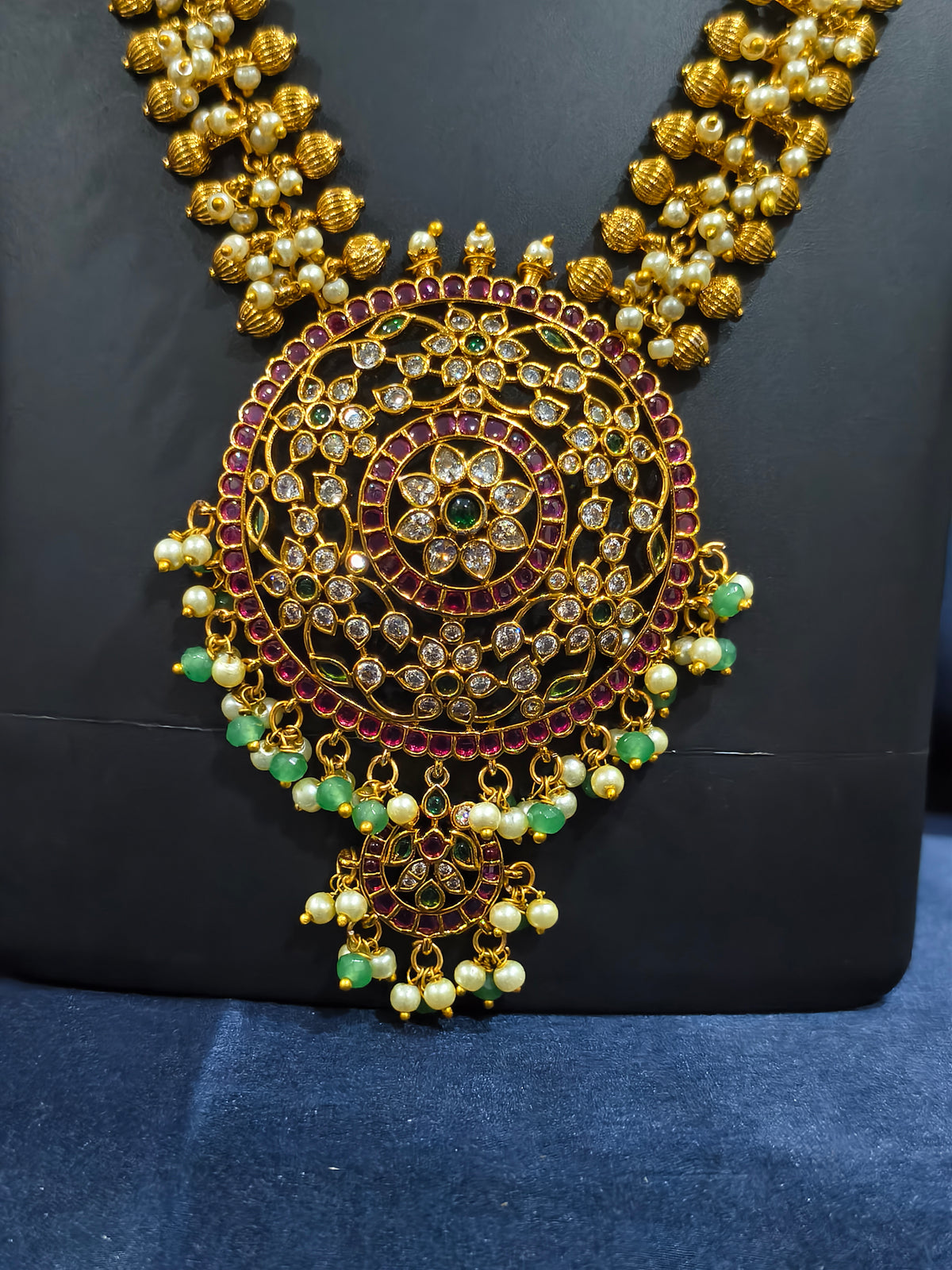 Floral Kundan Haram Necklace Set with Pearl Clusters