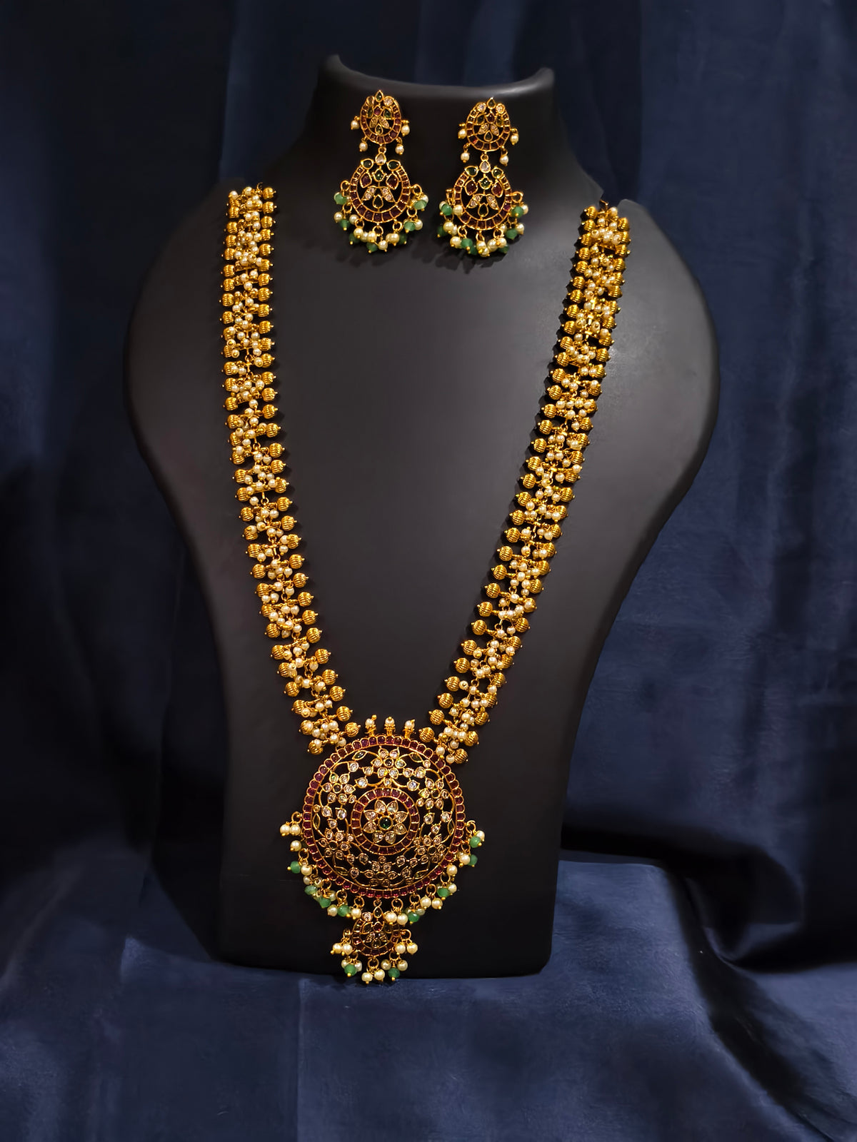 Floral Kundan Haram Necklace Set with Pearl Clusters