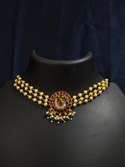 Pearl Choker Necklace Set with Peacock Pendant