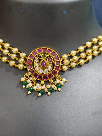 Pearl Choker Necklace Set with Peacock Pendant