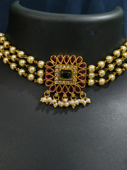 Pearl Choker Necklace Set with Kundan Pendant