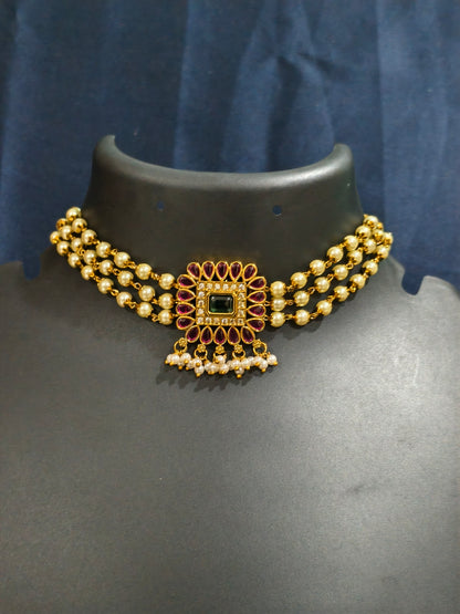 Pearl Choker Necklace Set with Kundan Pendant