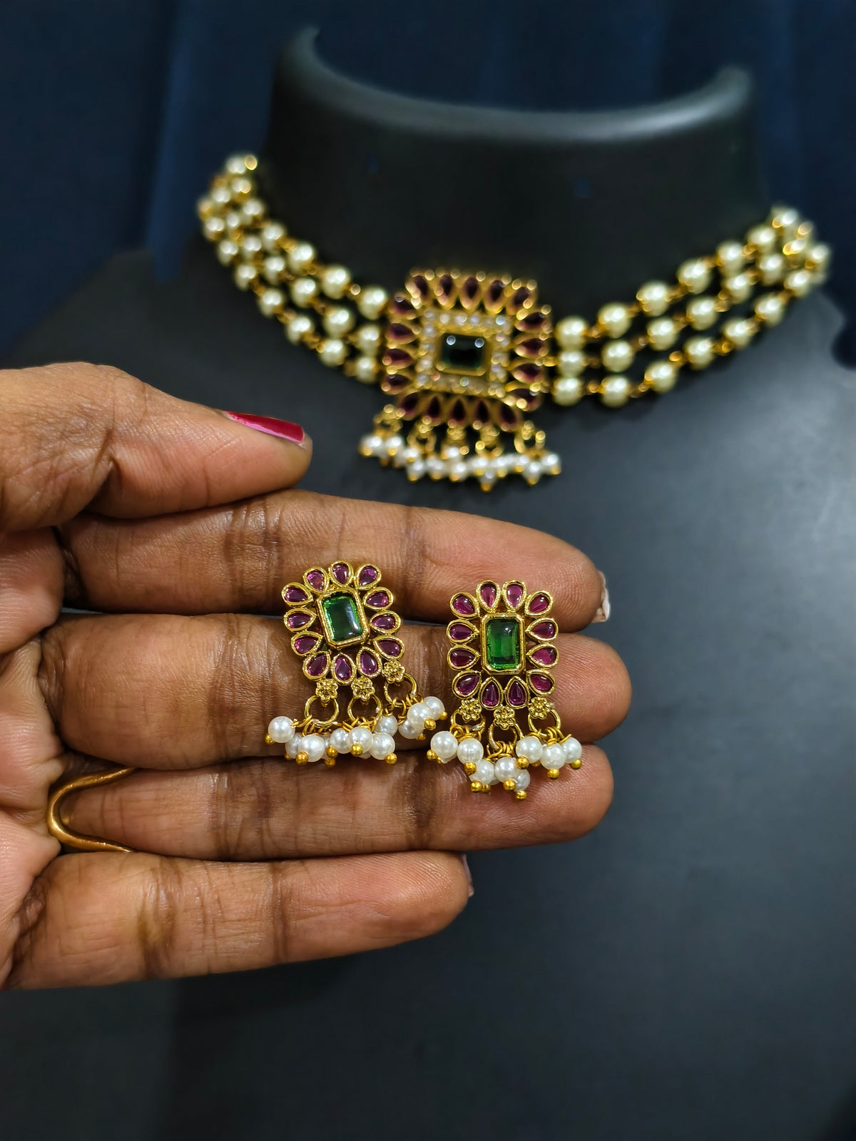 Pearl Choker Necklace Set with Kundan Pendant