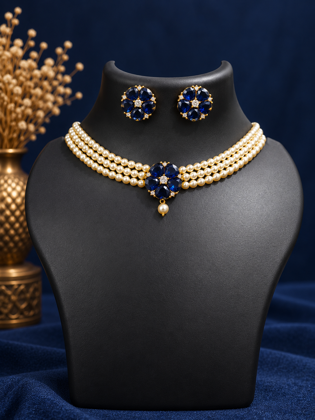 Pearl Choker Necklace Set with Blue Stone Floral Pendant
