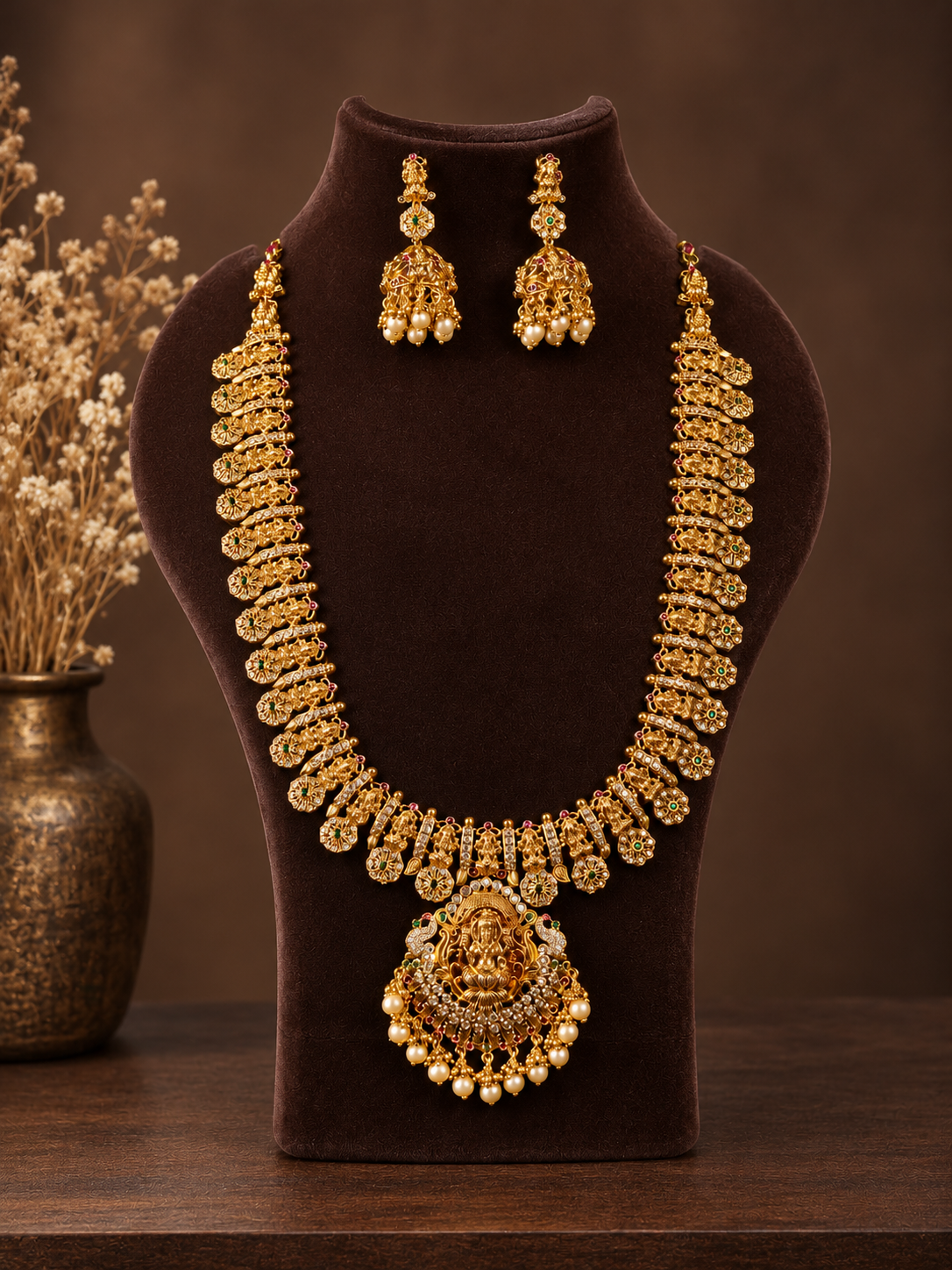 Lakshmi Long Haram with White Stones