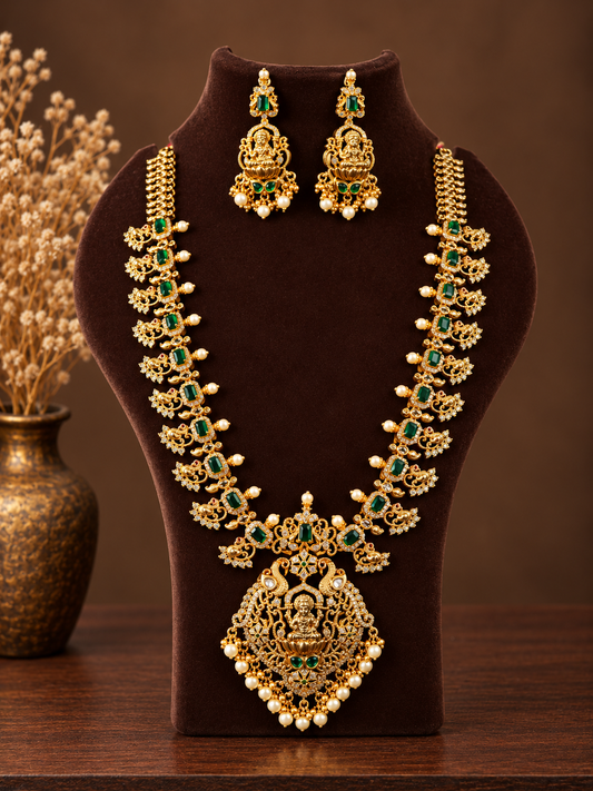 Emerald Green Peacock Lakshmi Long Haram Set
