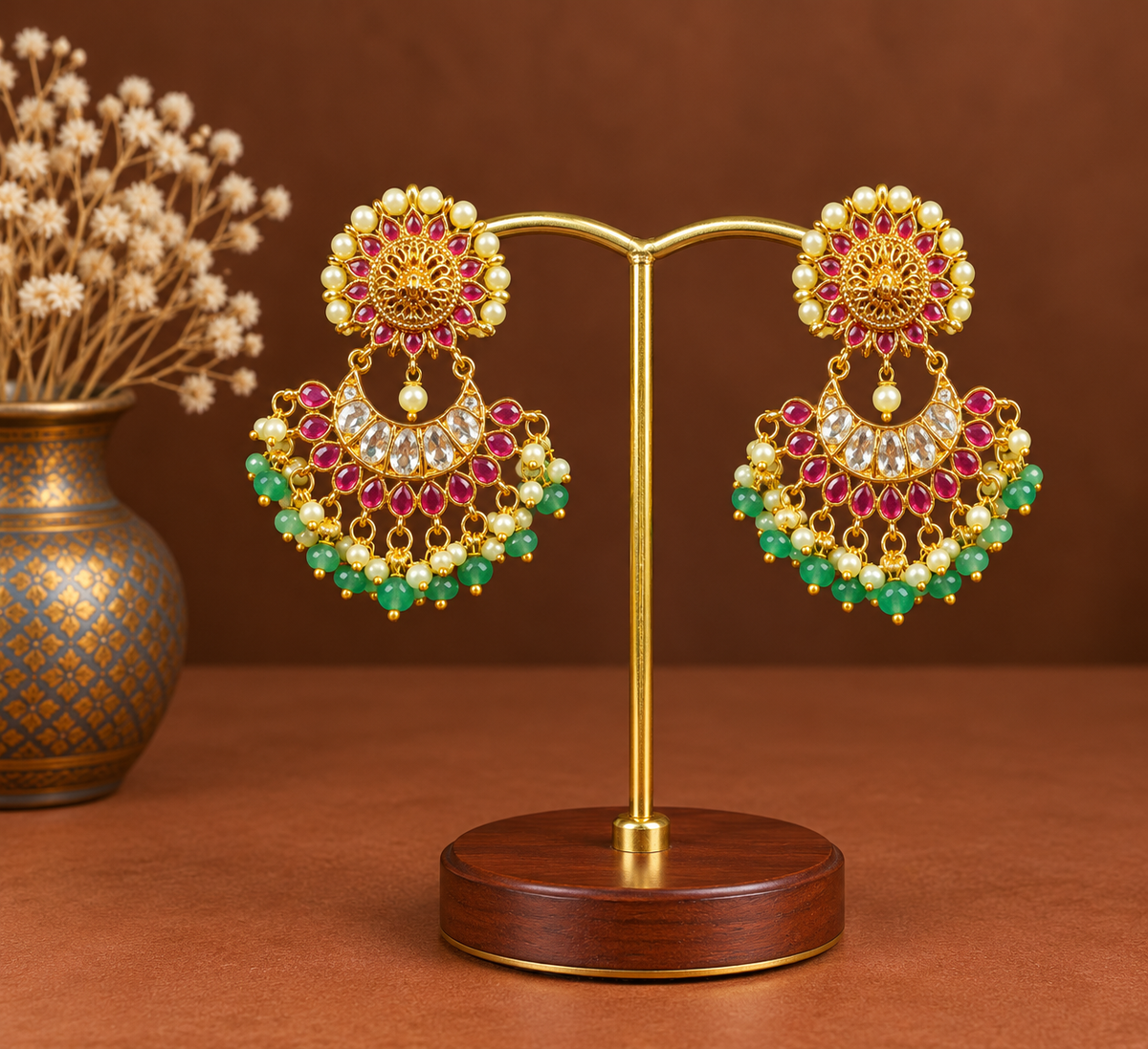 Ruby Sunflower Mint Bead Chandbalis