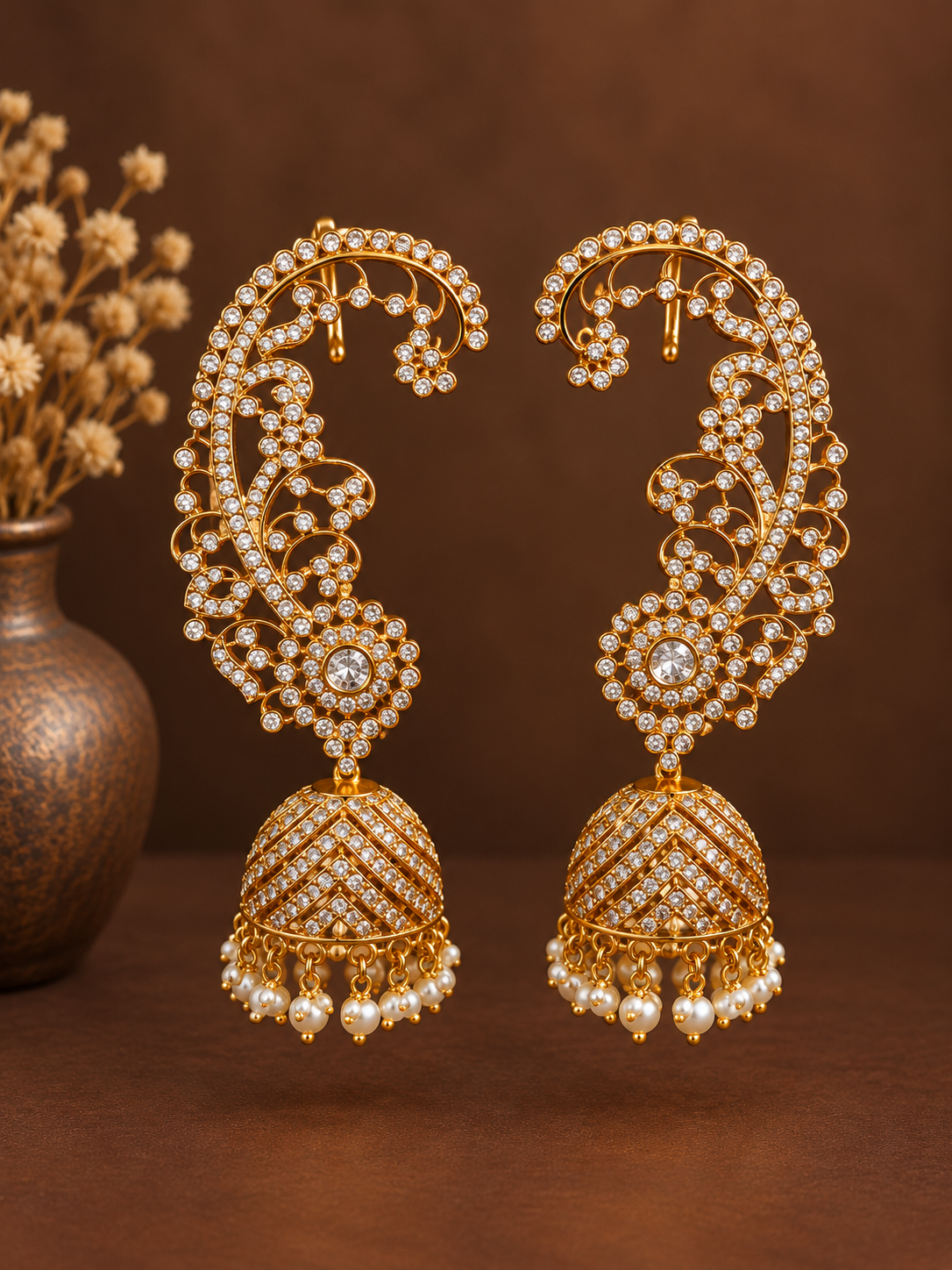 White Stone Pearl Ear Cuff Jhumkas