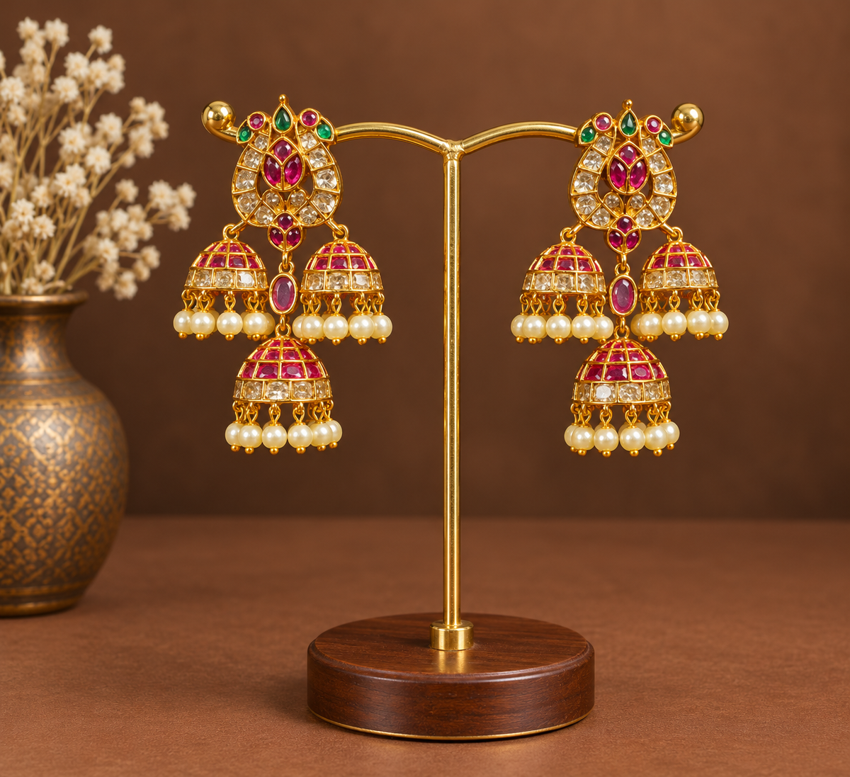 Ruby Lotus Kemp Triple Jhumkas