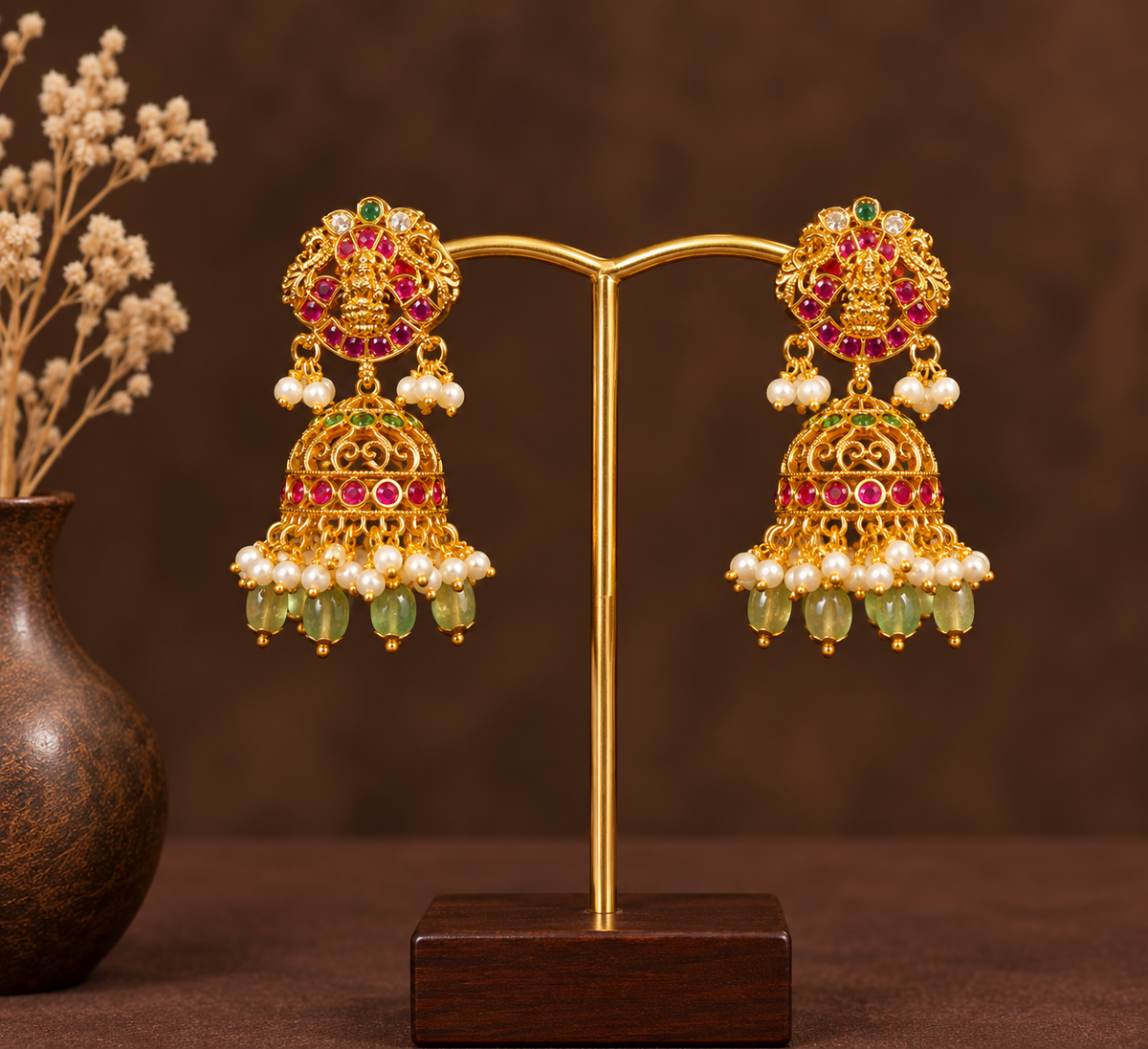 Lakshmi Ruby Pista Bead Jhumkas
