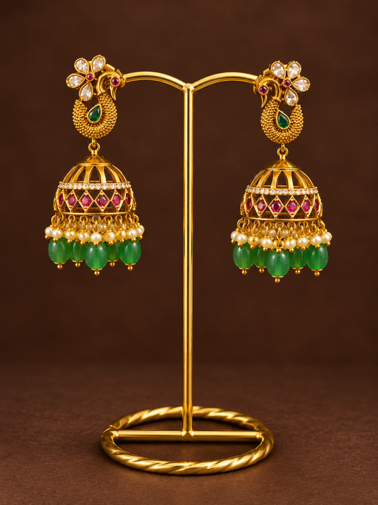 Peacock Green Bead Jhumkas