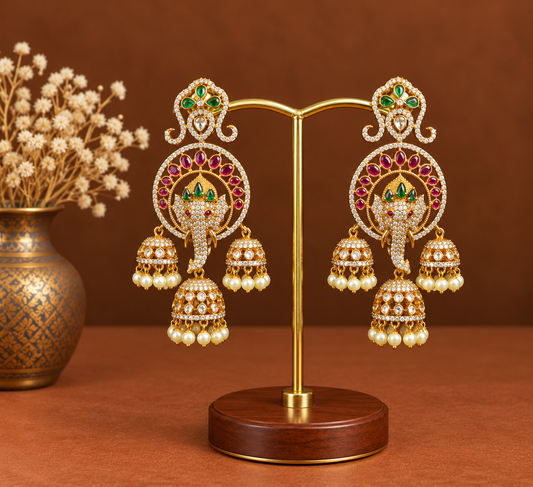 Ganesha White Stone Triple Jhumkas