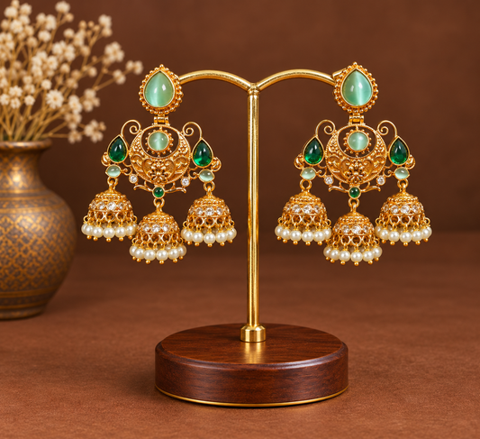 Mint Green Stone Filigree Jhumkas