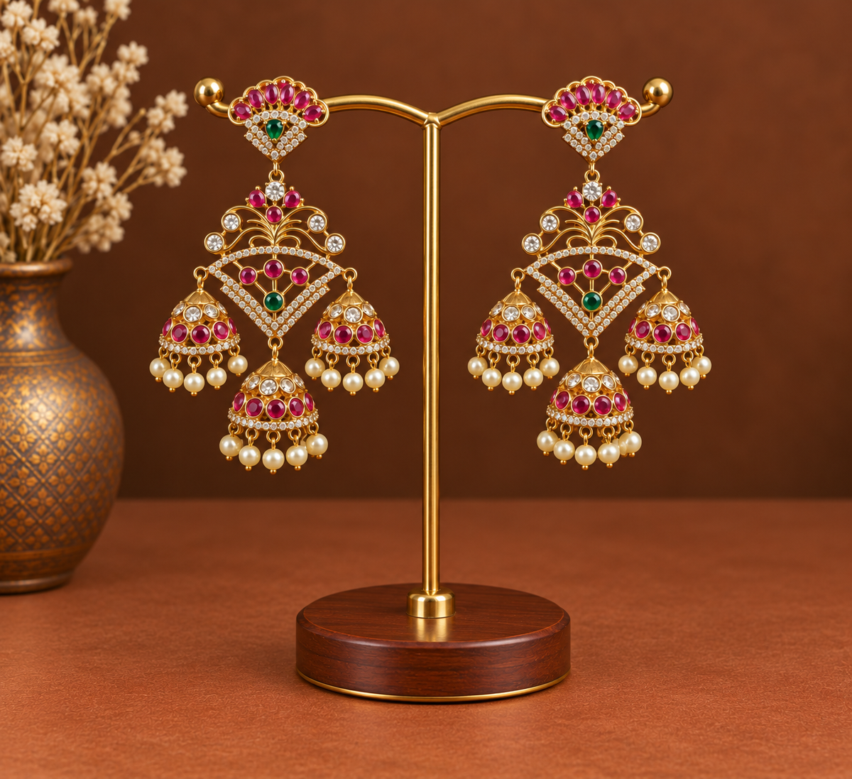 Ruby Fan Chandelier Jhumkas