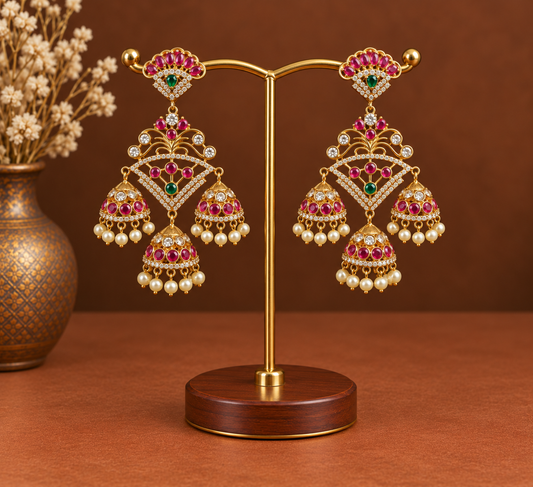 Ruby Fan Chandelier Jhumkas