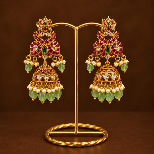 Ruby Fan Mint Bead Jhumkas