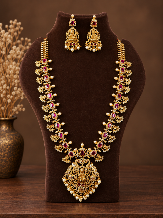 Ruby Peacock Lakshmi Long Haram Set