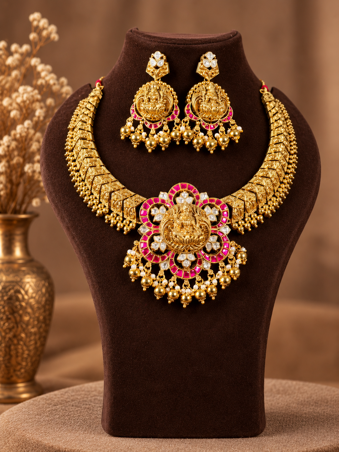 Lakshmi Kundan Flower Pendant Necklace Set – Ruby & Gold Beads