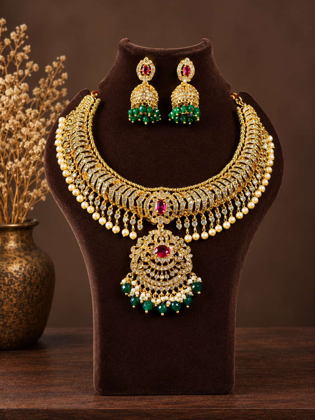 White Stone Pearl Fringe Necklace Set – Ruby Red